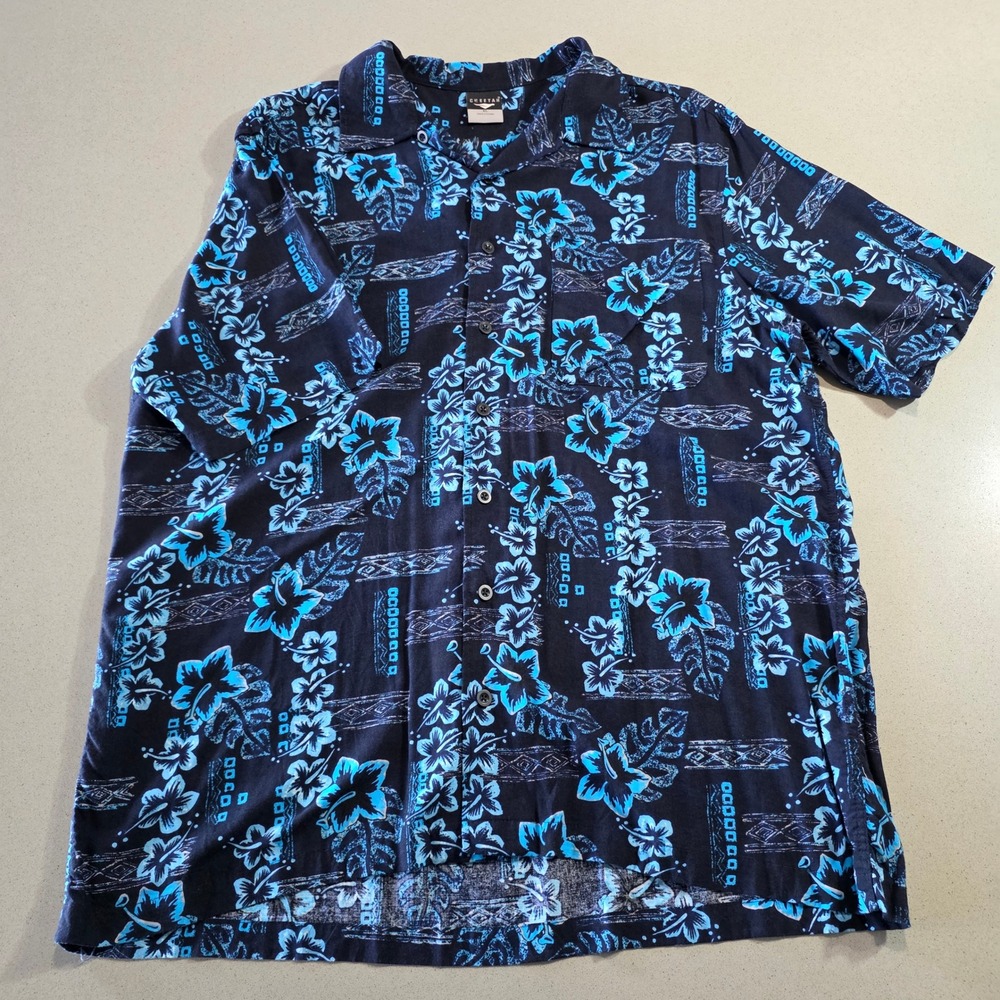 Cheetah Men XL Blue Tropical Hibiscus Floral Button Down Shirt Short Sleeve Navy